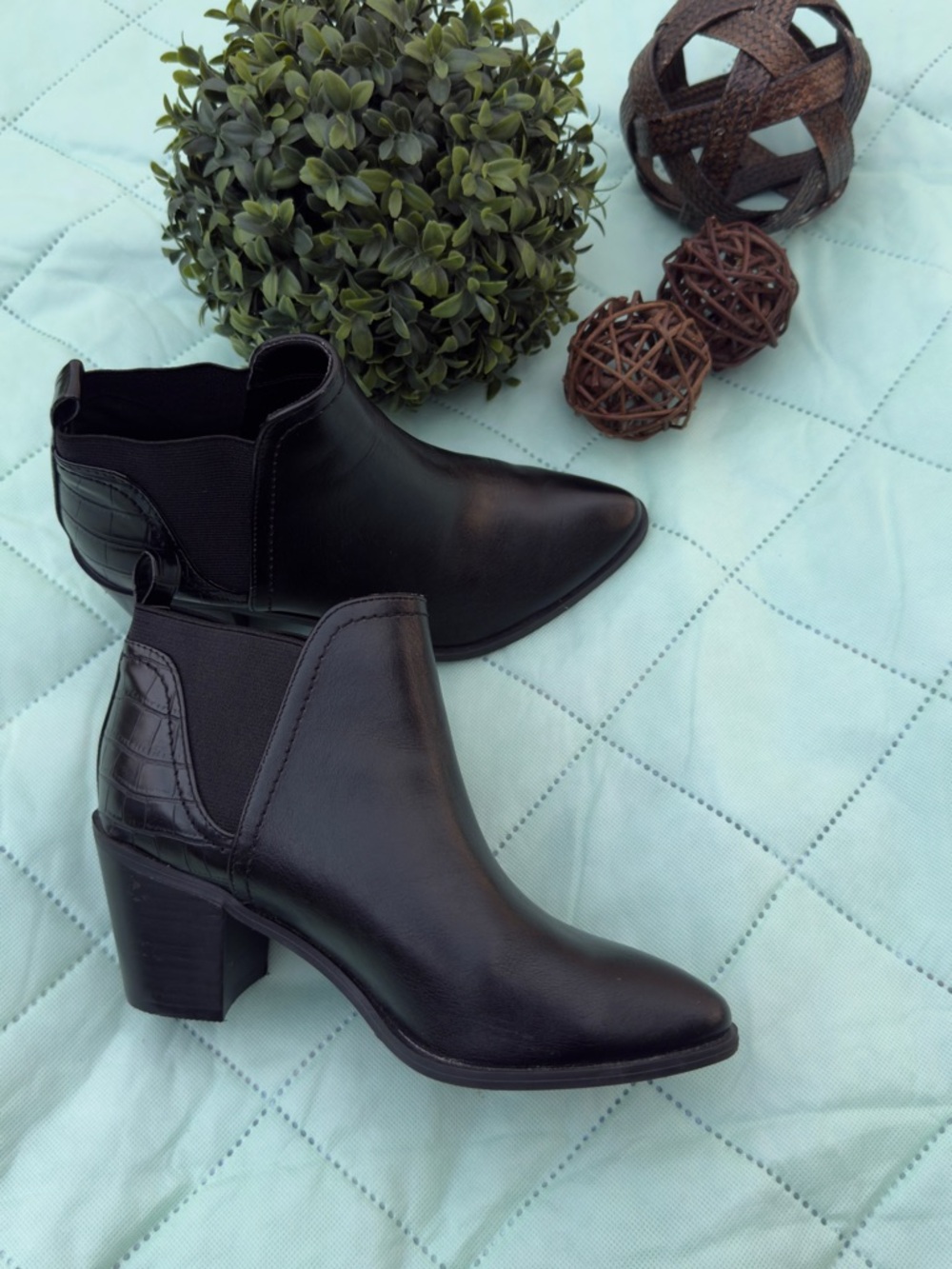 Dolce Vita Black Leather Ankle Booties with Croc-Textured Heel